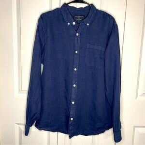 Paul Costelloe Pure Linen Navy Blue Size Large Long Sleeve Shirt Casual Men’s